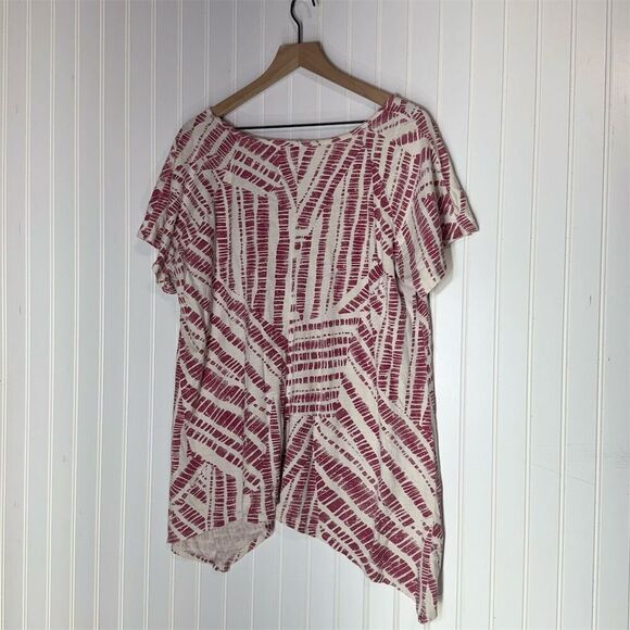 Woman Within L 18/20 Red Ivory Abstract High-Low Tunic Top Boho Asymmetrical - Picture 2 of 6